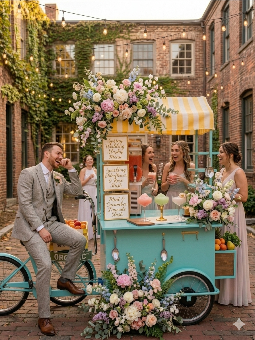 The Bubbles and Slush turquoise slushy bicycle at an elegant event